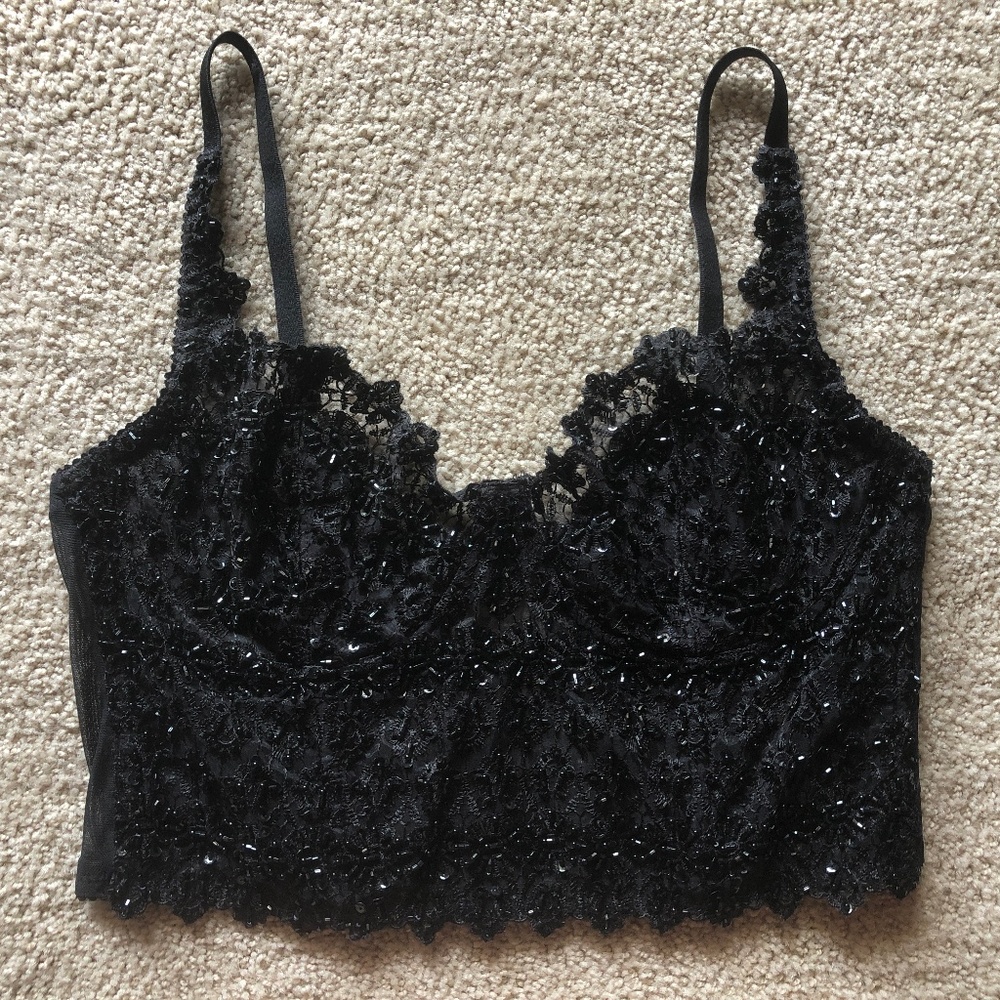 Sexy Black Beaded Lace Cropped Bustier Lycra Small